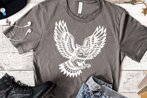 Flying Owl SVG Set 5 Wild Birds Vintage Tattoo Woodland Art SVG Tafti Art 