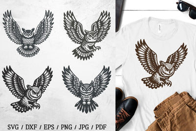 Flying Owl SVG Set 5 Wild Birds Vintage Tattoo Woodland Art SVG Tafti Art 