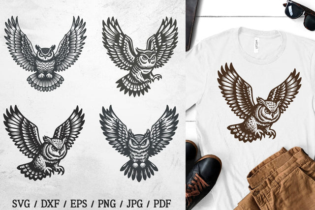 Flying Owl SVG Set 5 Wild Birds Vintage Tattoo Woodland Art SVG Tafti Art 