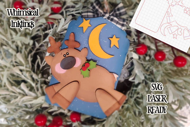 Flying Reindeer Tag Ornament Laser SVG SVG Whimsical Inklings 