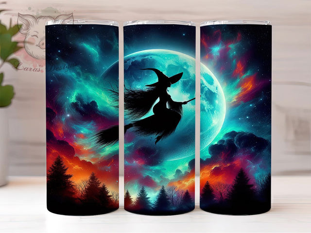 Flying Witch Halloween Broomstick Tumbler, Halloween Broomstick Cup, 20Oz Sublimation Wrap, Spooky Witch Drinkware, Witch Coffee Tumbler, Halloween Night Mug, Magic Broom Design Sublimation Lara' s Designs 