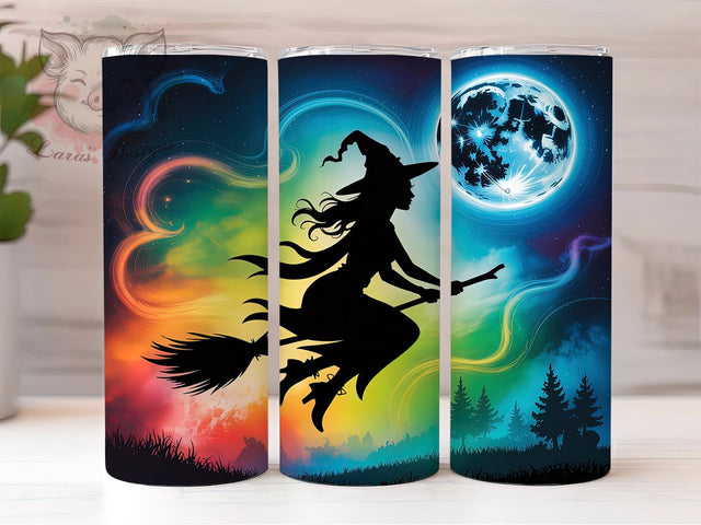 Flying Witch Halloween Broomstick Tumbler, Halloween Broomstick Cup, 20Oz Sublimation Wrap, Spooky Witch Drinkware, Witch Coffee Tumbler, Halloween Night Mug, Magic Broom Design Sublimation Lara' s Designs 