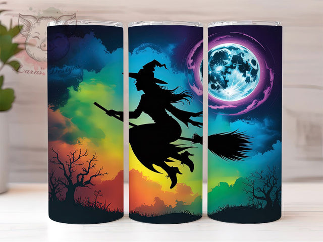 Flying Witch Halloween Broomstick Tumbler, Halloween Broomstick Cup, 20Oz Sublimation Wrap, Spooky Witch Drinkware, Witch Coffee Tumbler, Halloween Night Mug, Magic Broom Design Sublimation Lara' s Designs 
