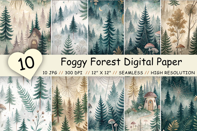 Foggy Forest Digital Paper Pack, Seamless Watercolor Pattern Bundle, Printable Scrapbook Paper, Misty Woodland Design Collection Digital Pattern FloridPrintables 
