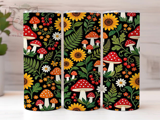 Folk Art Mushroom Floral 20oz Tumbler, Mushroom Floral Motif, Folk Art Design, Rustic Theme, Whimsical Accent, Cozy Charm, Sublimation Wrap, 20oz Tumbler Sublimation Lara' s Designs 