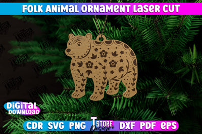 Folk Bear Ornament | Rustic Design | Nordic Ornament | Christmas Tree Toy | CNC File SVG The T Store Design 