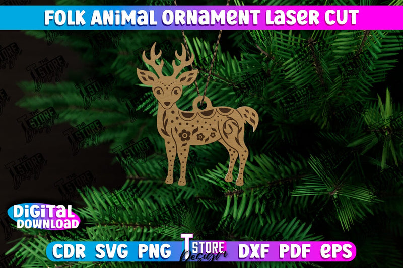 Folk Deer Ornament | Rustic Design | Nordic Ornament | Christmas Tree Toy | CNC File SVG The T Store Design 