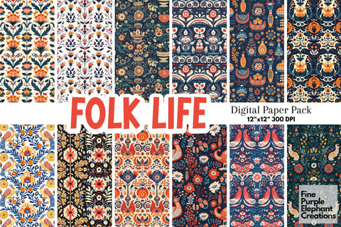 Folk Life Digital Paper | Bohemian Sublimation Textures Digital Pattern Fine Purple Elephant Creations 