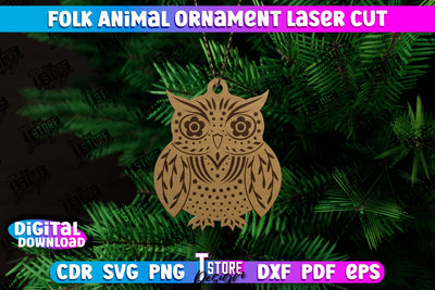 Folk Owl Ornament | Rustic Design | Nordic Ornament | Christmas Tree Toy | CNC File SVG The T Store Design 