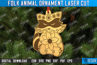 Folk Raccoon Ornament | Rustic Design | Nordic Ornament | CNC File SVG Fly Design 