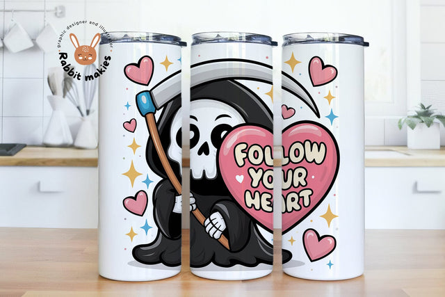 Follow Your Heart Cute Grim Reaper 20oz Skinny Tumbler Png, Valentines Day Sublimation Design Sublimation Rabbitmakies 