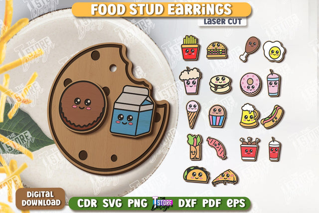 Food Stud Earrings Laser Cut Bundle | Shape of Food | Jewelry | Accessories | CNC Files SVG The T Store Design 