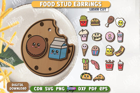 Food Stud Earrings Laser Cut Bundle | Shape of Food | Jewelry | Accessories | CNC Files SVG The T Store Design 