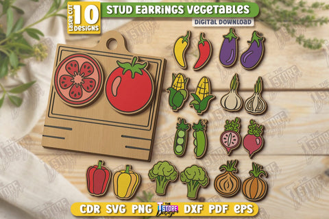 Food Stud Earrings Laser Cut Bundle | Shape of Vegetables | Jewelry | Accessories | CNC Files SVG The T Store Design 