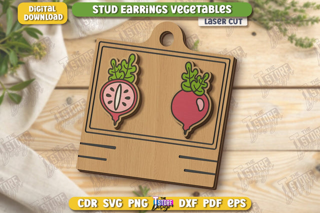 Food Stud Earrings Laser Cut | Shape of Vegetables | Jewelry | Accessories | CNC File SVG The T Store Design 