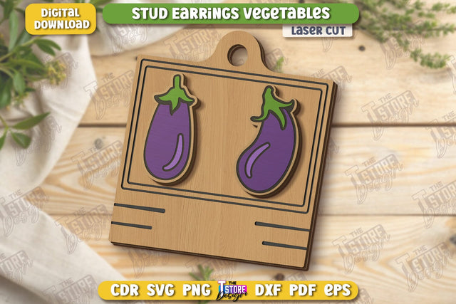 Food Stud Earrings Laser Cut | Shape of Vegetables | Jewelry | Accessories | CNC File SVG The T Store Design 