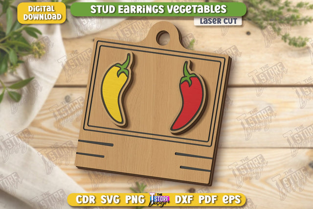 Food Stud Earrings Laser Cut | Shape of Vegetables | Jewelry | Accessories | CNC File SVG The T Store Design 