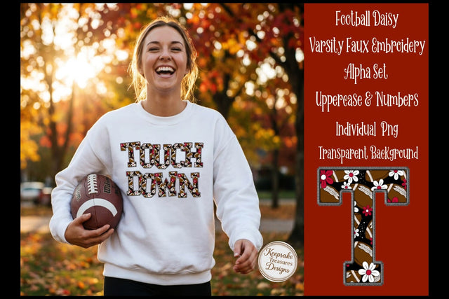 Football Daisy Faux Embroidery Alphabet PNG | Varsity Letter Clipart | Sports Floral Alpha Set | Digital Download Sublimation Sublimation Keepsake Treasures Designs LLC. 