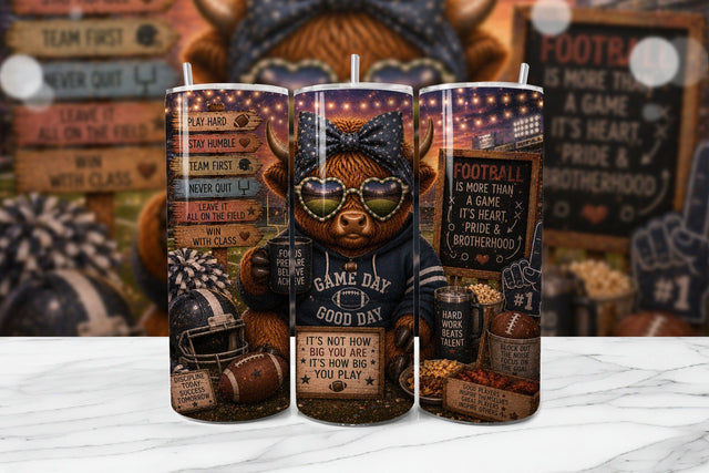 Football Highland Cow Tumbler Wrap PNG Sublimation BijouBay 