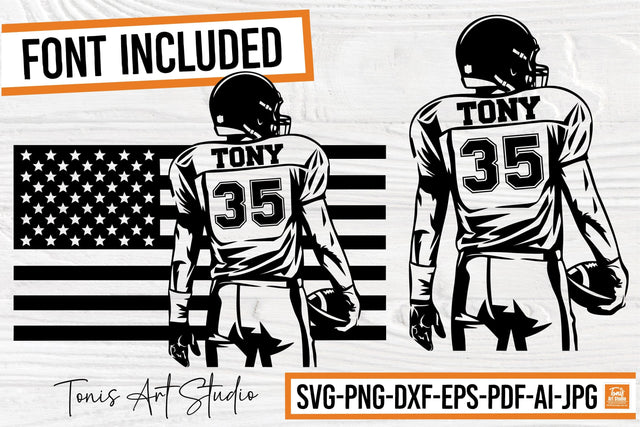 Football Player SVG, American Flag with Player, Personalized Name, Football Shirt, Football Season, School Varsity Font Included, PNG, DXF SVG TonisArtStudio 