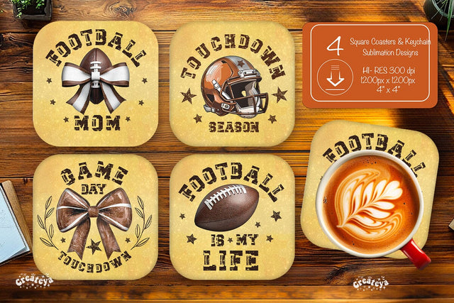 Football Square coaster png Touchdown season Square coaster sublimation designs Sublimation Createya Design 