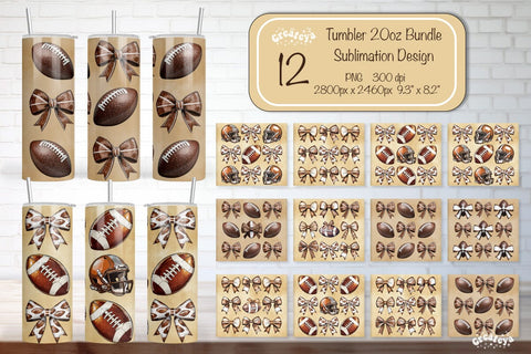 Football Tumbler Bundle Football Bow Seamless 20oz Skinny Tumbler Wrap PNG Fall Football Season Retro Sublimation Design Sublimation Createya Design 