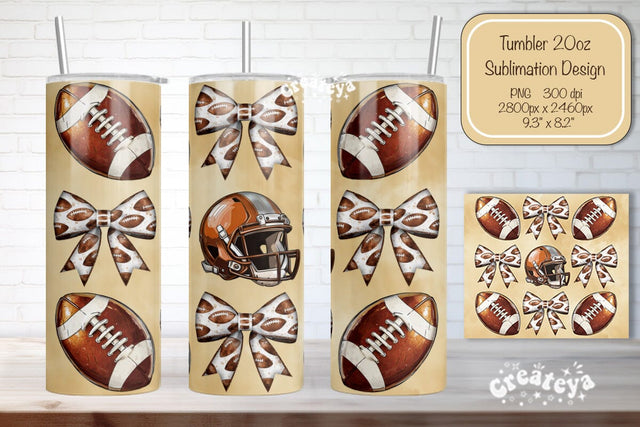 Football Tumbler Football Bow Seamless 20oz Skinny Tumbler Wrap PNG Fall Football Season Retro Sublimation Design Sublimation Createya Design 