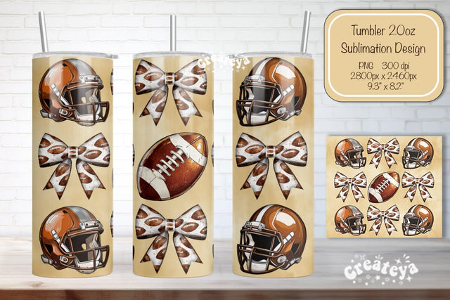 Football Tumbler Football Bow Seamless 20oz Skinny Tumbler Wrap PNG Fall Football Season Retro Sublimation Design Sublimation Createya Design 