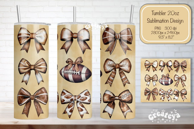 Football Tumbler Football Bow Seamless 20oz Skinny Tumbler Wrap PNG Fall Football Season Retro Sublimation Design Sublimation Createya Design 