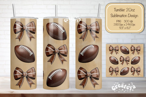 Football Tumbler Football Bow Seamless 20oz Skinny Tumbler Wrap PNG Fall Football Season Retro Sublimation Design Sublimation Createya Design 