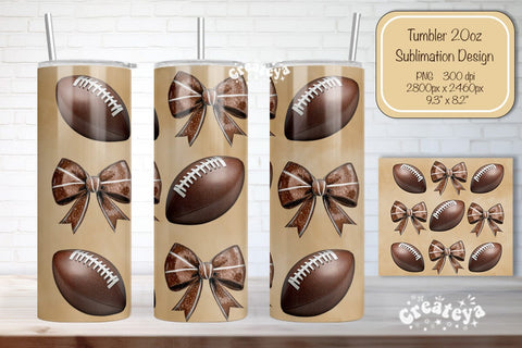 Football Tumbler Football Bow Seamless 20oz Skinny Tumbler Wrap PNG Fall Football Season Retro Sublimation Design Sublimation Createya Design 