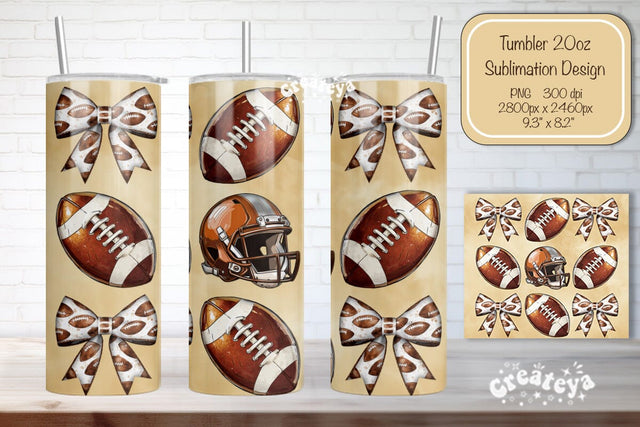 Football Tumbler Football Bow Seamless 20oz Skinny Tumbler Wrap PNG Fall Football Season Retro Sublimation Design Sublimation Createya Design 