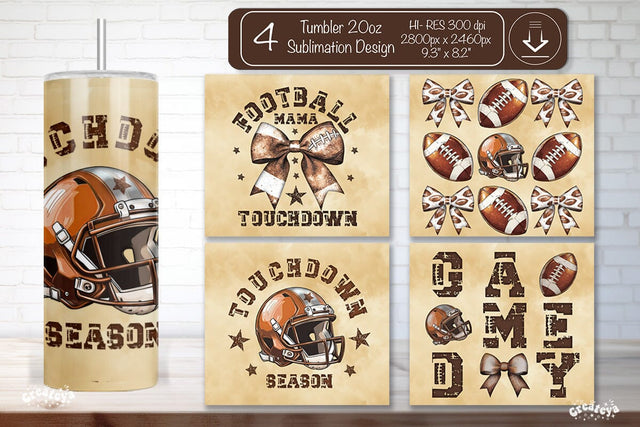Football Tumbler Wrap Touchdown Season Seamless 20oz Skinny Tumbler Wrap PNG Retro Sublimation Design Sublimation Createya Design 