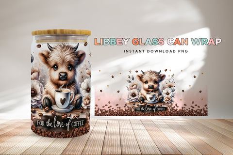 For The Love of Coffee Cute Highland Cow Glass Can Wrap PNG Sublimation BijouBay 