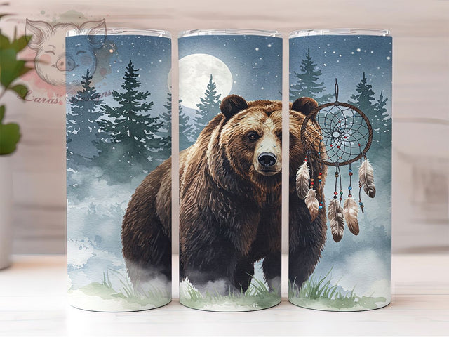 Forest Bear Dreamcatcher Tumbler, Dreamcatcher Tumbler, 20oz Sublimation Wrap, Boho Wildlife Tumbler, Native Style Tumbler, Nature Aesthetic Tumbler, Seamless Forest Wrap Sublimation Lara' s Designs 