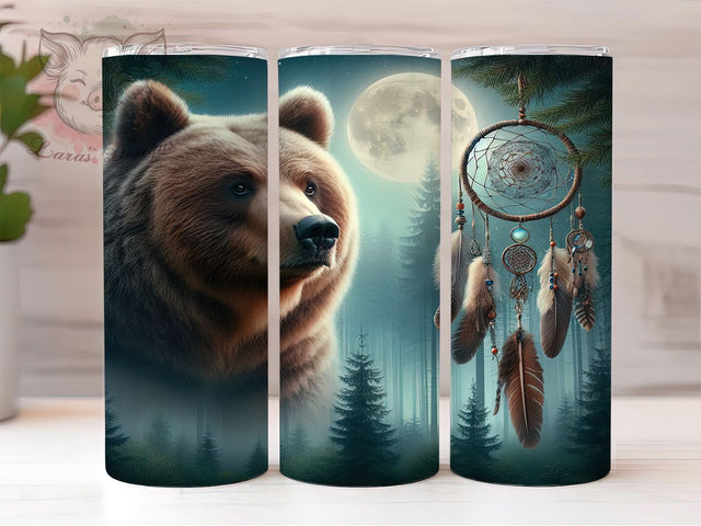 Forest Bear Dreamcatcher Tumbler, Dreamcatcher Tumbler, 20oz Sublimation Wrap, Boho Wildlife Tumbler, Native Style Tumbler, Nature Aesthetic Tumbler, Seamless Forest Wrap Sublimation Lara' s Designs 