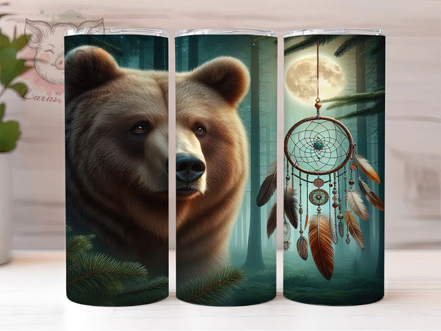 Forest Bear Dreamcatcher Tumbler, Dreamcatcher Tumbler, 20oz Sublimation Wrap, Boho Wildlife Tumbler, Native Style Tumbler, Nature Aesthetic Tumbler, Seamless Forest Wrap Sublimation Lara' s Designs 