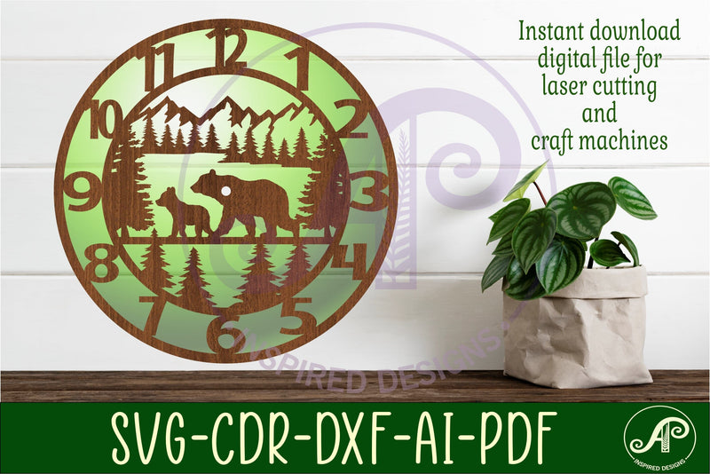 Forest bear wall clock laser cut files, SVG file. vector SVG APInspireddesigns 