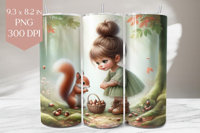Forest Girl and Squirrel Tumbler PNG Sublimation BijouBay 
