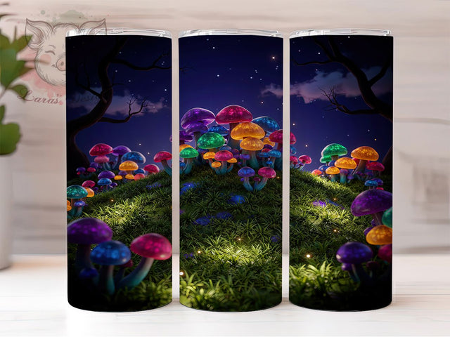 Forest Glow Mushrooms 20oz Tumbler, Bioluminescent Mushrooms, Speckled Caps, Luminous Stems, Night Scene, Skinny Tumbler, Sublimation PNG Sublimation Lara' s Designs 