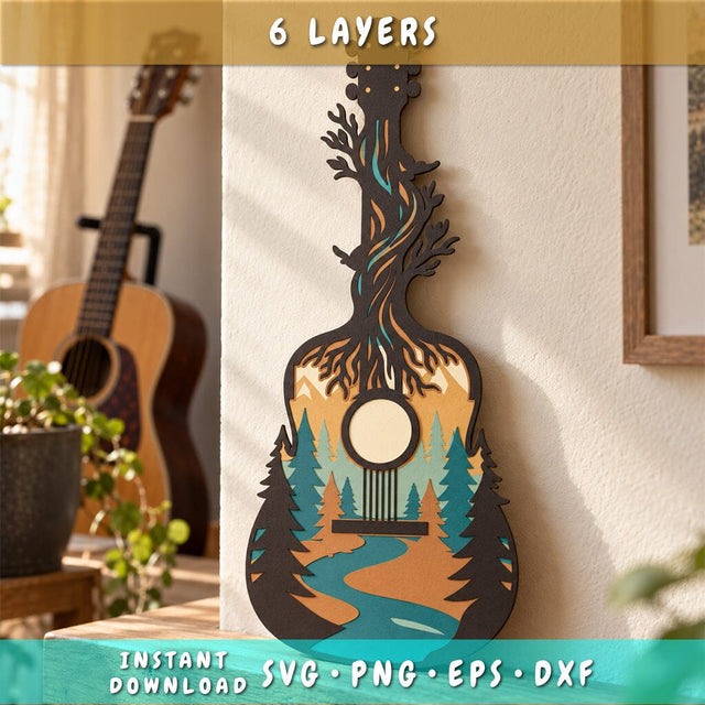 Forest Guitar 3D SVG | Guitar Laser Cut File | 6 Layer Nature Guitar SVG | Mountain Forest DXF | Layered Music Wall Art SVG HappyDesignStudio 