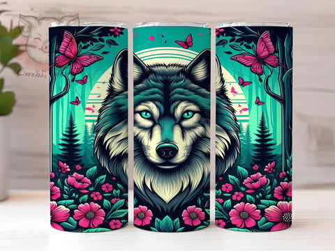 Forest Wolves Butterflies 20oz Tumbler Png, Straight & Tapered Tumbler Png, Floral Wolf Tumbler Png, Digital Download PNG Sublimation Lara' s Designs 