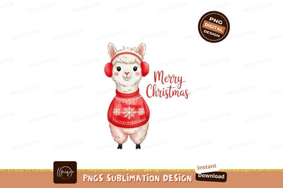 Format: Title: Festive llama wearing red sweater and earmuffs Sublimation Designangry 