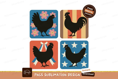 Four Roosters and Hens with Floral and Star Designs Sublimation Designangry 