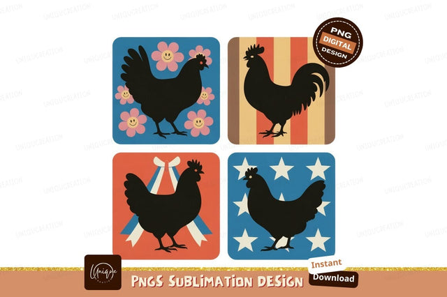 Four Roosters and Hens with Floral and Star Designs Sublimation Designangry 
