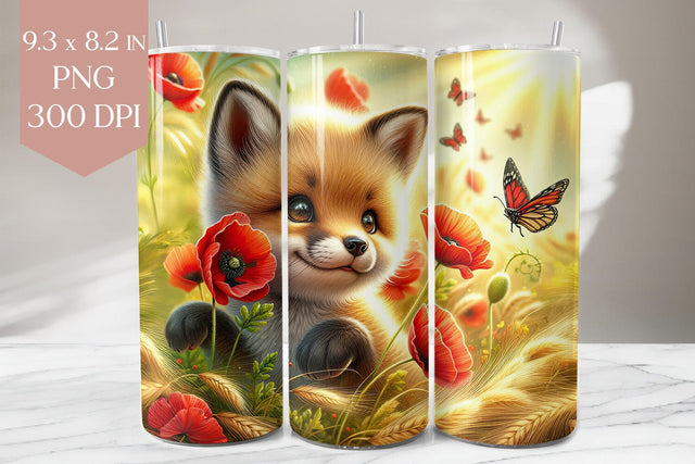 Fox and Poppies Tumbler PNG, 20oz Sublimation Wrap Sublimation BijouBay 
