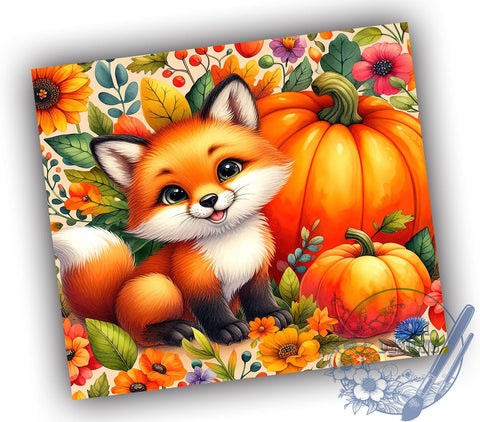 Fox Fall 20oz Skinny Tumbler PNG, Autumn Pumpkins Flowers Tumbler Sublimation Wrap, Straight & Tapered Tumbler Wrap, Instant Digital Download Sublimation ToriDesigns 