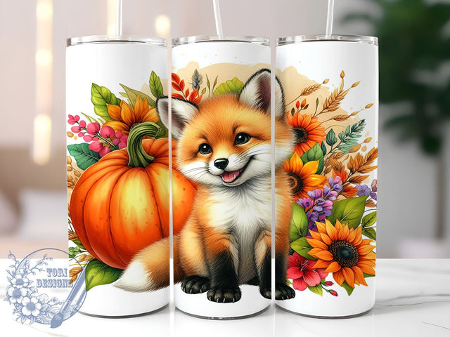 Fox Fall 20oz Skinny Tumbler PNG, Autumn Pumpkins Flowers Tumbler Sublimation Wrap, Straight & Tapered Tumbler Wrap, Instant Digital Download Sublimation ToriDesigns 