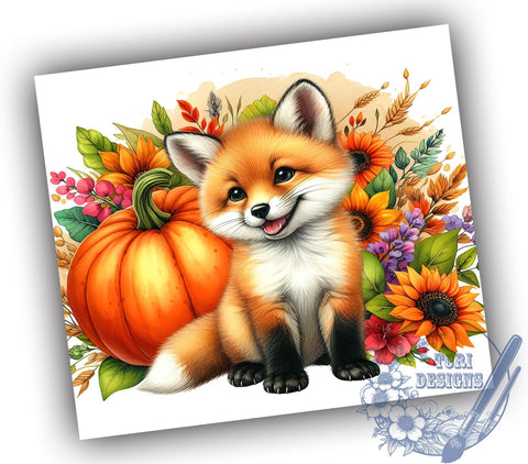 Fox Fall 20oz Skinny Tumbler PNG, Autumn Pumpkins Flowers Tumbler Sublimation Wrap, Straight & Tapered Tumbler Wrap, Instant Digital Download Sublimation ToriDesigns 