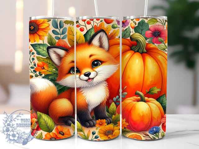 Fox Fall 20oz Skinny Tumbler PNG, Autumn Pumpkins Flowers Tumbler Sublimation Wrap, Straight & Tapered Tumbler Wrap, Instant Digital Download Sublimation ToriDesigns 